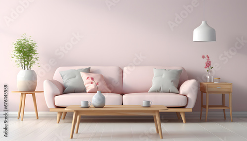 Scandinavian style interior with sofa and coffe table. Empty minimalist interior with pink pastel 
colors  photo