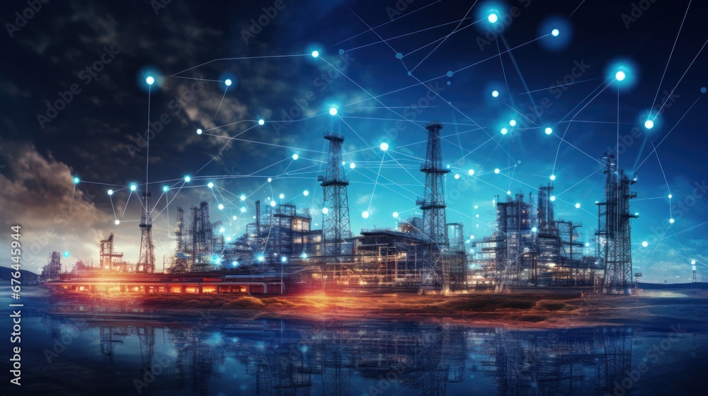 Modern factory, communication network. Telecommunication. IoT, Internet of Things, ICT, Information communication Technology,. Smart factory. Digital transformation, cloud connecting, generate by AI Modern factory, communication network. Telecommunication. IoT, Internet of Things, ICT, Information communication Technology,. Smart factory. Digital transformation, cloud connecting, generate by AI