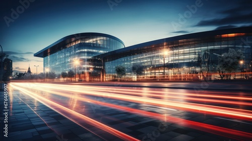 Light trails on the modern building background. Light trails at night in urban environment, Abstract Motion Blur City, traffic, transportation, street, road, speed