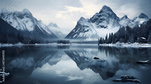Serene Lake Reflecting Towering Snowy Peaks at Dusk, Enhanced with Cool and Muted Tones to Convey a Calm and Mystical Atmosphere