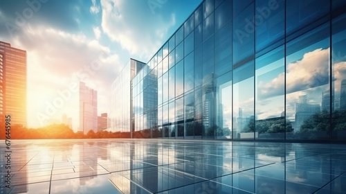 Modern office building or business center. High-rise window buildings made of glass reflect the clouds and the sunlight. empty street outside wall modernity civilization. growing up business