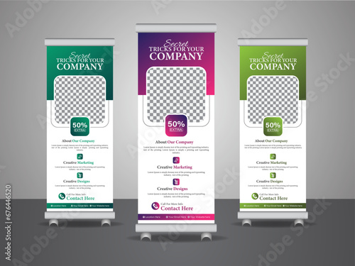 Creative x-banner template for exhibition ads, featuring a square arrangement, a geometric triangle, and a business roll-up banner design