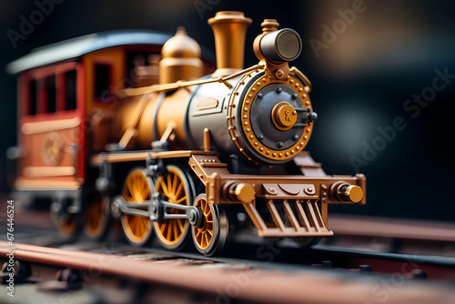 A macro closeup of a locomotive in tilt-shift style captures its powerful details and imparts a captivating, miniature-like perspective, adding whimsy and artistry to this mechanical marvel photo