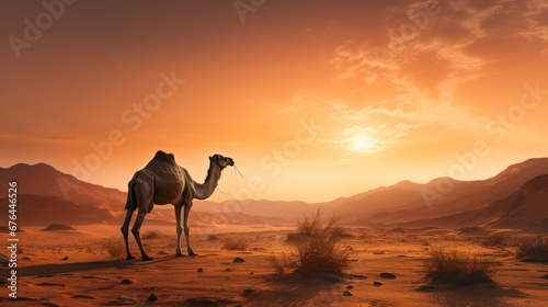 camel in the desert at sunset ai generated