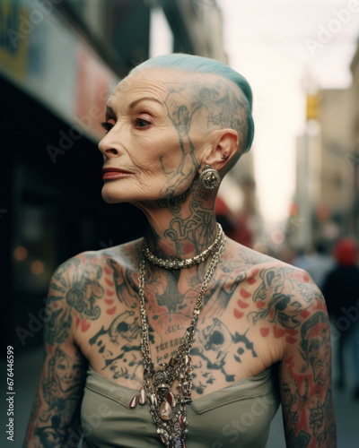 Generative ai stylish elderly tattoed woman posing outdoors city streets