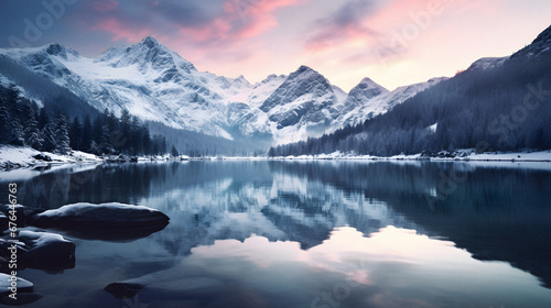 Serene Lake Reflecting Towering Snowy Peaks at Dusk  Enhanced with Cool and Muted Tones to Convey a Calm and Mystical Atmosphere