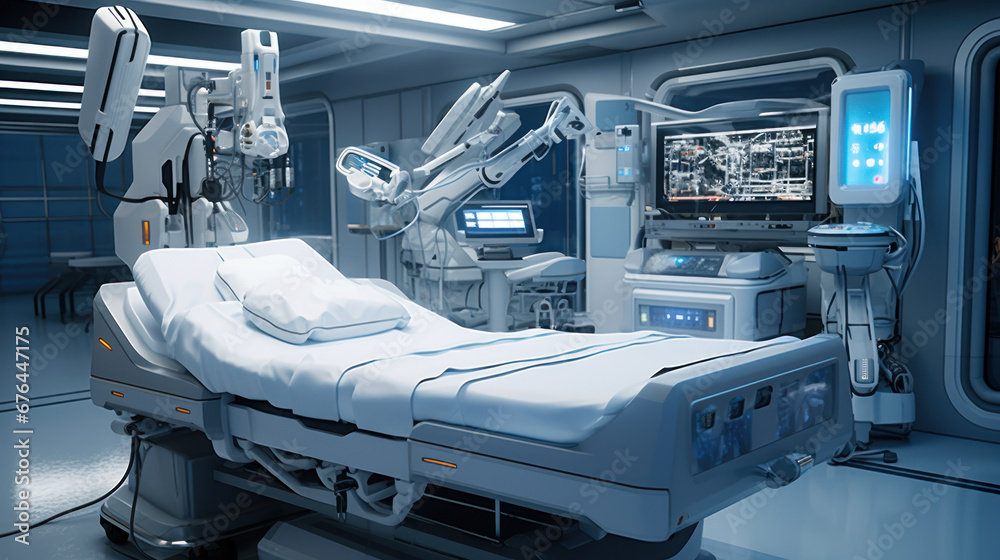 Concept of a Futuristic hospital bed with artificial intelligence that shows all the patient's readings on holographic screens Concept of a Futuristic hospital bed with artificial intelligence that shows all the patient's readings on holographic screens