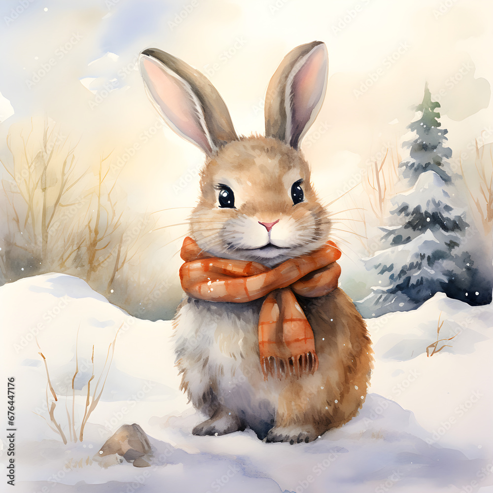 Fototapeta premium Cute Rabbit with Scarfe in Winter 