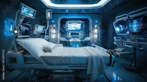 Concept of a Futuristic hospital bed with artificial intelligence that shows all the patient's readings on holographic screens