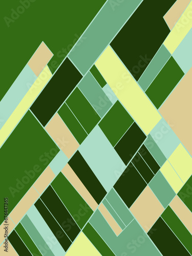 Top view of farmland field. Countryside eco meadow bird eye view. Harvest and agriculture farm landscape. Abstract geometric shaped field patches. Vector farming earth vertical poster.