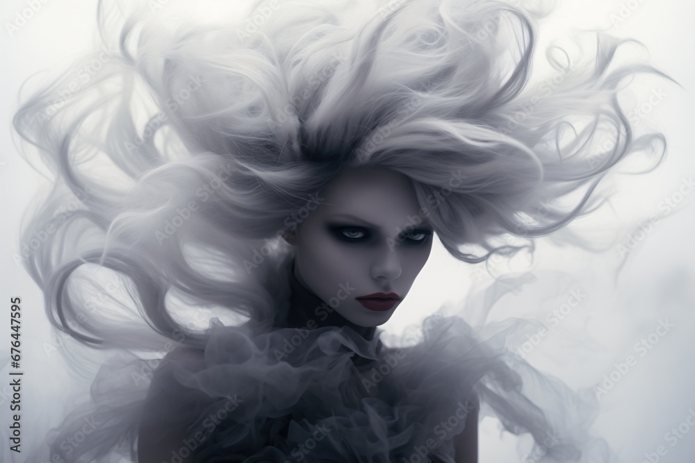 Ice queen with turbulent long winter white hair in the mist of cold foggy smoke, bold dramatic female portrait, artistic dark shadows and contrast, alternative beauty model.