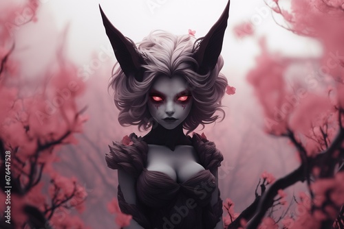 Dark forest female elf guardian silently watching and observing your every step, fantasy forest of eternal spring pink blossoms, mythical creature of fables and legends, glowing eyes.