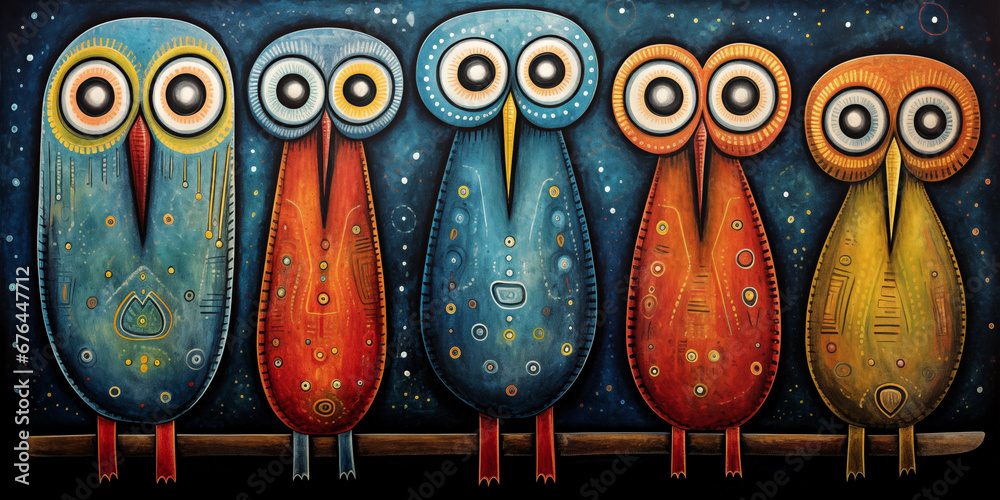 Graffiti of a row of owls on a wall. Vibrant colours