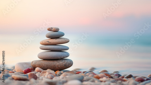 Zen stone tower with peaceful sea and sky bokeh