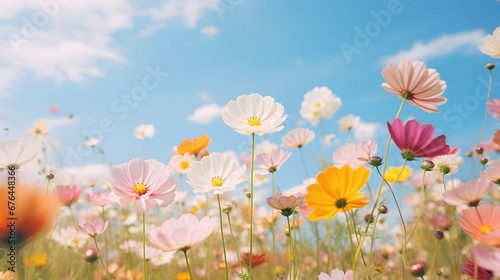 Vibrant Flower Field Under a Clear Blue Sky  Captured with a Macro Lens to Emphasize the Intricate Petals  Enhanced with Warm and Soft Tones for a Delicate and Dreamy Vibe