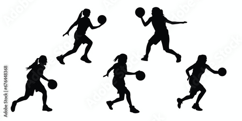 Set of woman basketball players. Basketball player silhouettes set. Vector illustration