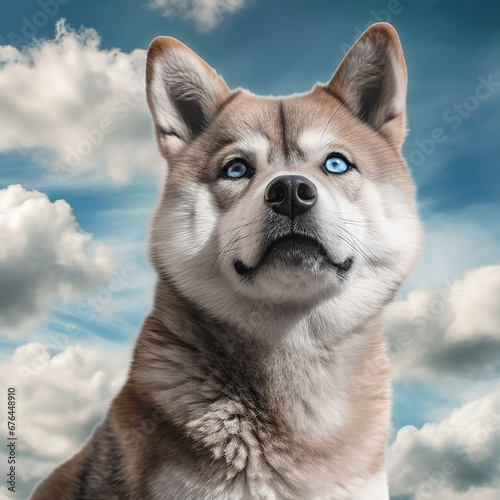 ai generated illustration of akita inu blue eyed dog closeup portrait on cloudy sky