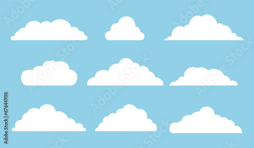 Set of clouds icons in the sky. Collection of various cloud shapes silhouette on blue background. Vector illustration