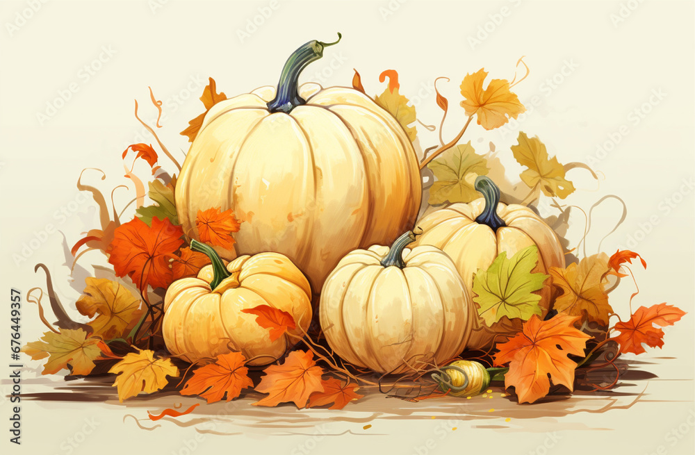 thanksgiving greeting card with pumpkins and leafs illustration