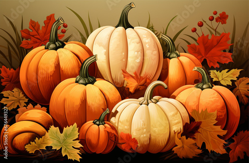 thanksgiving background of pumpkins and autumn leaves on a brown background