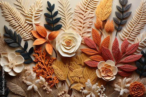 Knit, autumn leaves, in the style of photorealistic detailing, naturecore, felt creations, beige knitted background, detailed botanic studies, tupinipunk, close - up, Watermark photo