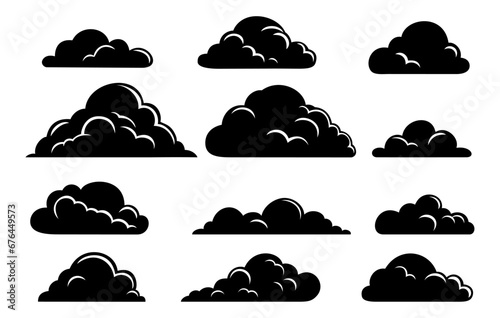 A set of clouds in the sky in black silhouette. Collection of various cloud shapes icon. Vector illustration