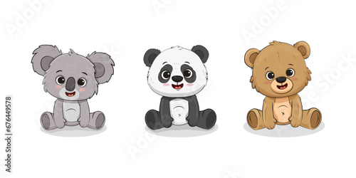 teddy bear cartoon set. Cute koala, panda cub, brown bear sitting. Animals isolated on white backgrtound. Vector illustration