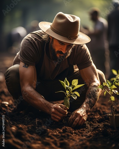 caucasian man with hat plants small tree. reforestation. generated with ia