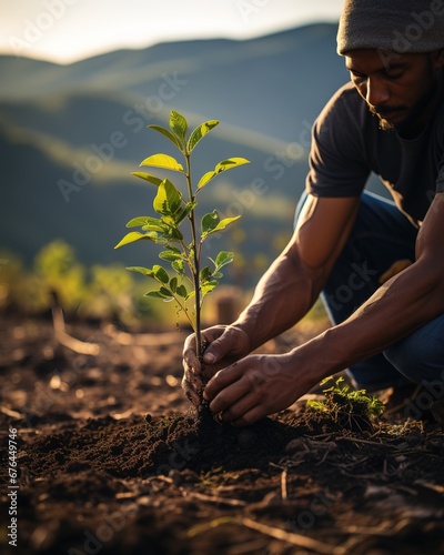 faceless man plants a small tree. man with green cuttings. reforestation. generated with ia photo