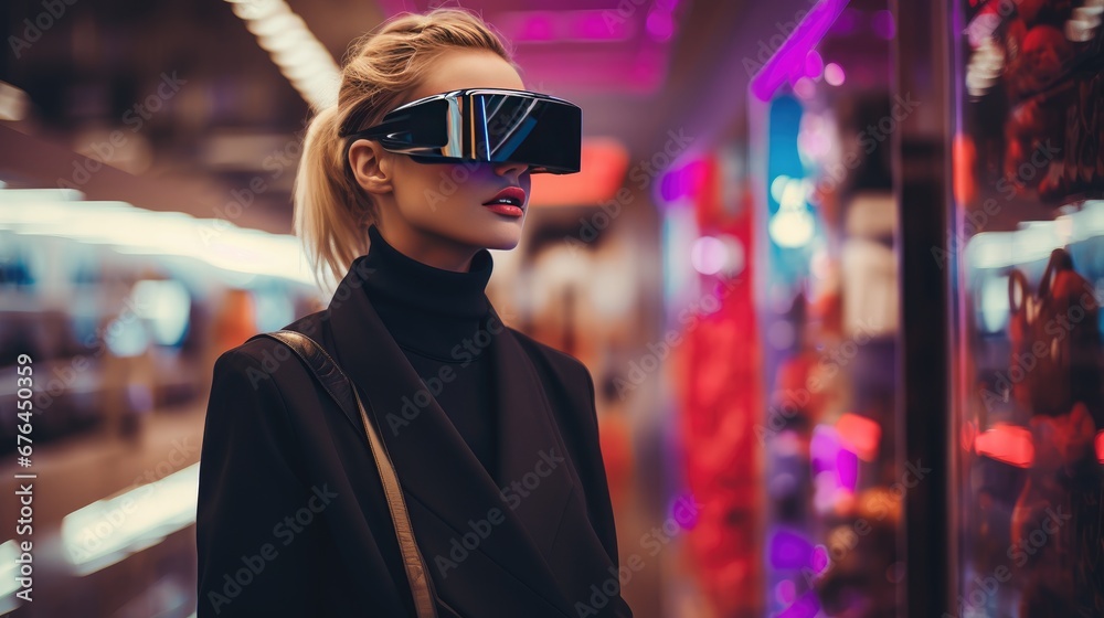 Woman wearing virtual reality glasses shopping at shopping mall.
