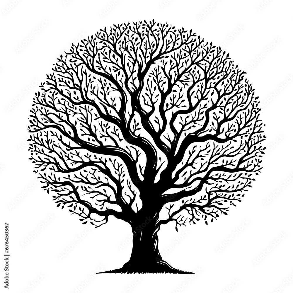 Round Tree black silhouette. Black branch tree or naked tree. Tree vector illustration