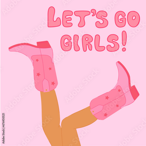 Retro pink cowboy boots on the legs of a girl on a pink background, retro poster. Vector illustration.