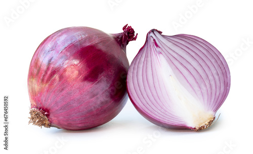 Fresh red onion bulb with half isolated on white background with clipping path