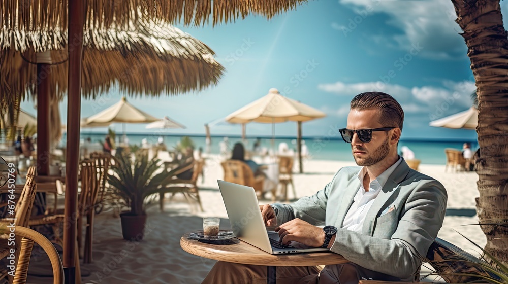 man with laptop on the beach