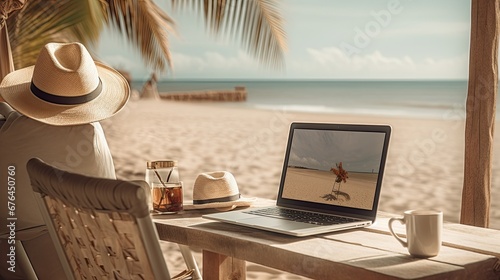 person working on a laptop on the beach