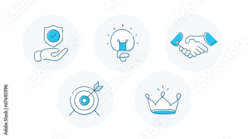 5 Creative Business Icons: Creativity, Innovation, Strength, Protection, Trust, Partnership, Focus, Accuracy, Excellence, Leadership