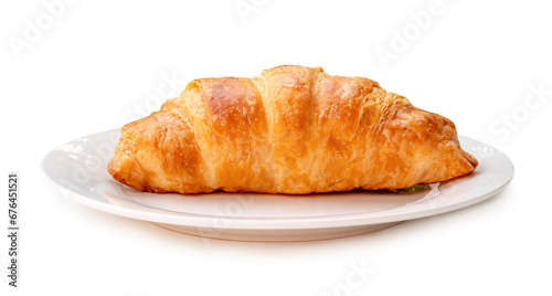 Side view of croissant on white plate isolated on white background with clipping path and shadow in png file format