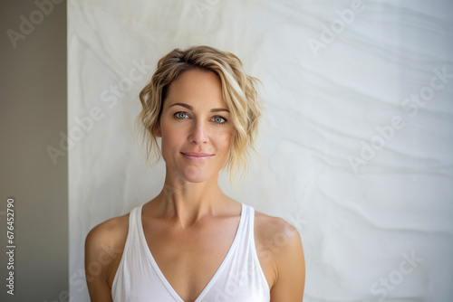 Middle age blonde woman standing in front of a white wall.