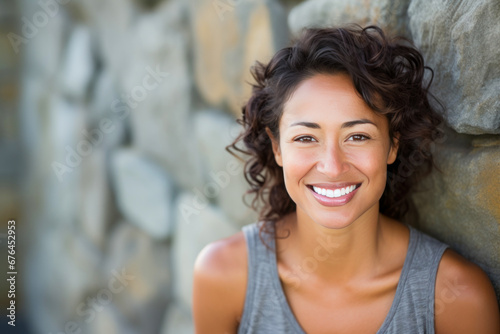 Healthy smiling woman in fitness clothing posing in front of a stone wall.
