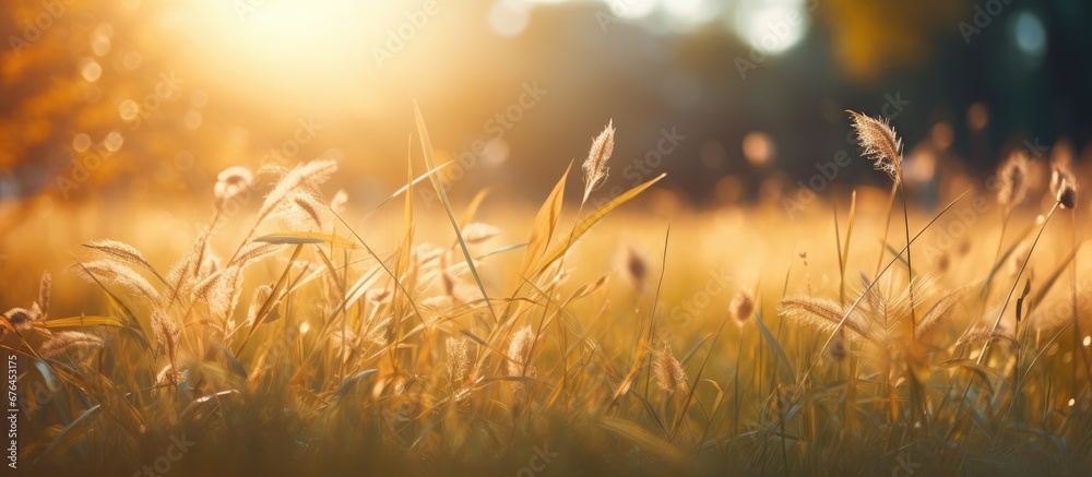 In the vintage landscape the summer sun bathes the green grass in a warm golden light creating a breathtaking bokeh effect against the autumn backdrop of colorful plants and a serene natura - obrazy, fototapety, plakaty 