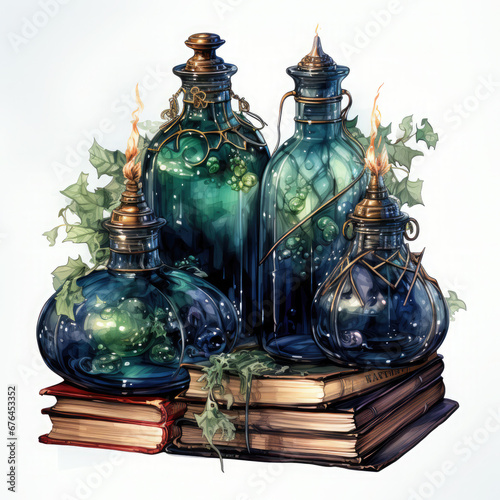 Watercolor Halloween Potion Bottle with Books illustration Generative Ai