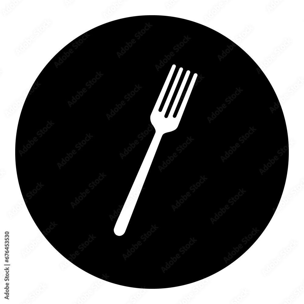 A fork in the center. Isolated white symbol in black circle. Illustration on transparent background A fork in the center. Isolated white symbol in black circle. Illustration on transparent background