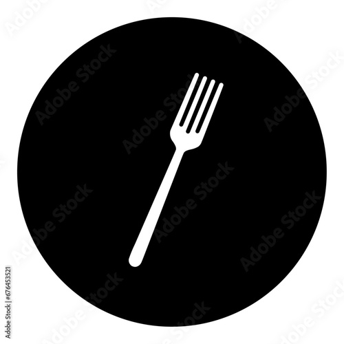 A fork in the center. Isolated white symbol in black circle. Vector illustration on white background