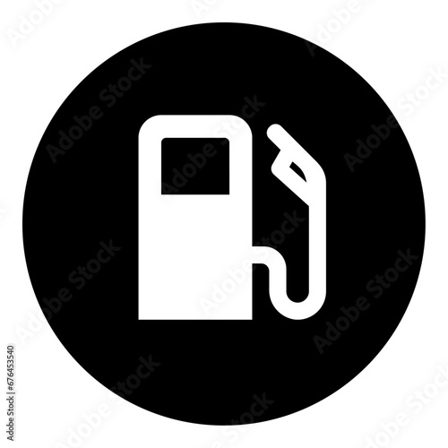 A gas station symbol in the center. Isolated white symbol in black circle. Vector illustration on white background