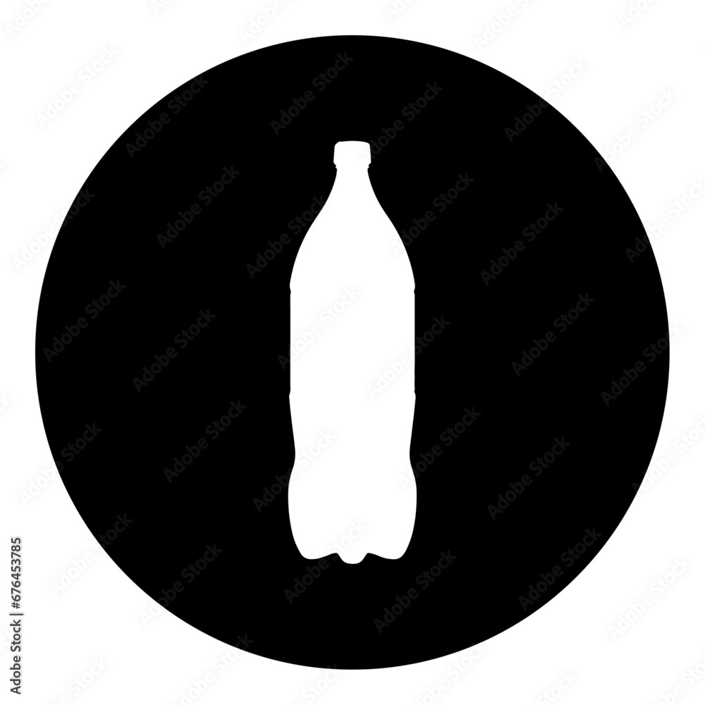 A plastic bottle symbol in the center. Isolated white symbol in black circle. Vector illustration on white background
