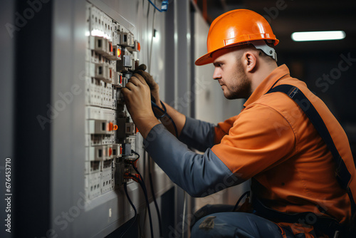 electrician working in a power station in a factory. installation of sockets and switches. Professional in overalls with an electrician's tool
