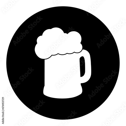 A mug beer symbol in the center. Isolated white symbol in black circle. Vector illustration on white background