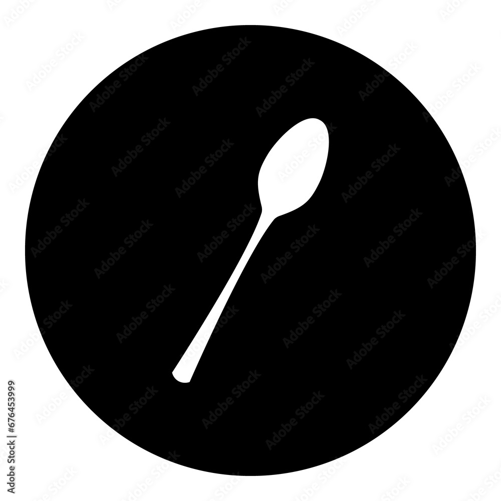 A spoon in the center. Isolated white symbol in black circle. Illustration on transparent background A spoon in the center. Isolated white symbol in black circle. Illustration on transparent background