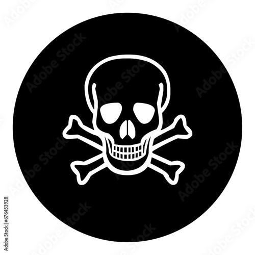 A skull in the center. Isolated white symbol in black circle. Vector illustration on white background