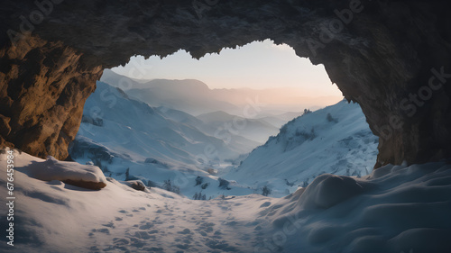 View from a cave in the winter. generative AI